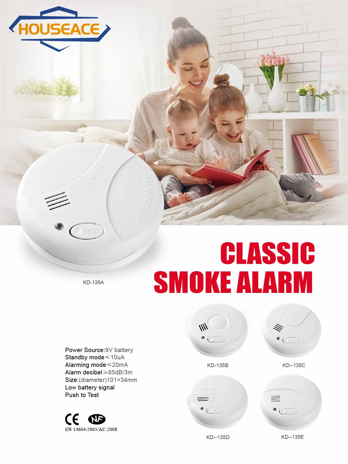 HOUSEACE Mini Photoelectric Smoke Alarm Security Battery Operated Wireless Durable Steady Detector White For Home Indoor KD-135