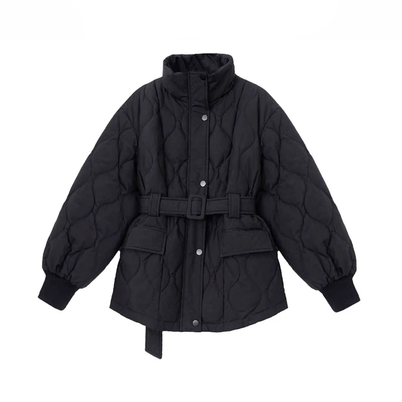 

2023 Autumn Winter Women Cotton Padded Coat Casual Stand-up Collar Ladies Cotton Parkas With Belt Warm Female Jacket Black White