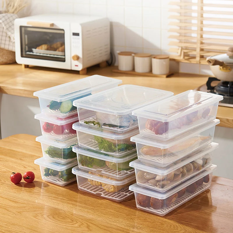 

Plastic Fridge Food Storage Container Pantry Box Fresh Kitchen Fridge Organizer Case Removable Drain Plate Tray Keep Fruits Gear
