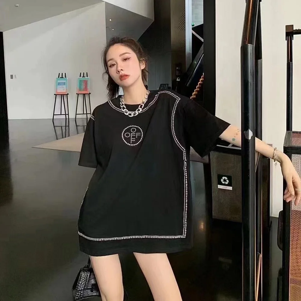 

Big name summer pure cotton 3D hot drill loose casual women's T-shirt 2022New ladies fashion high quality white top y2k clothes