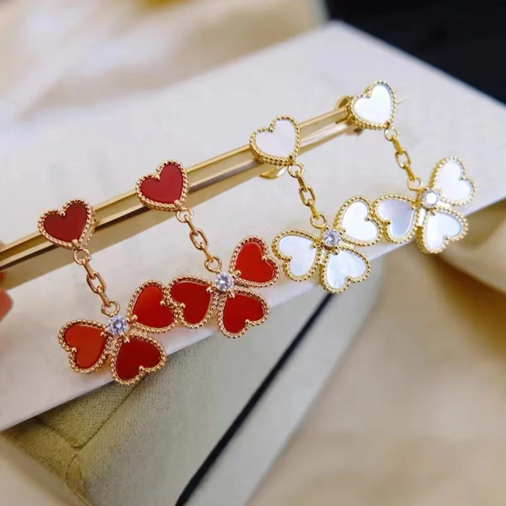 

Luxury Brand Quality V Gold Sweet Clover Leaves Heart Hanging Earrings For Women Classical Designer Jewelry Party Wedding Bijoux