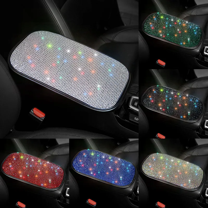 Bling Pink Armrest Cover for Car Glitter Rhinestone Auto Center Console Pad Universal Red Blue Black