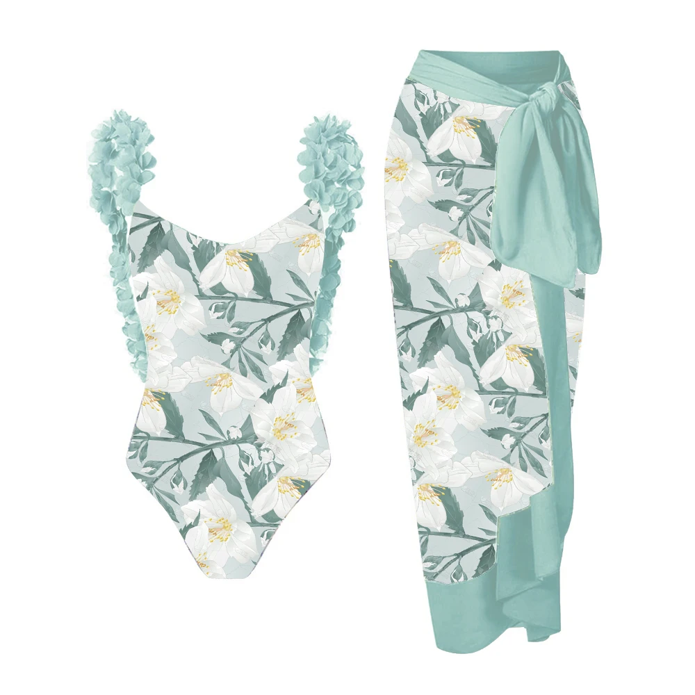 

Lanswe Retro Blue Floral Swimwear One-Piece Bikini Set Kimono 2023 New Fashion Women's Cover-Up Bathing Suit Summer Beachwea