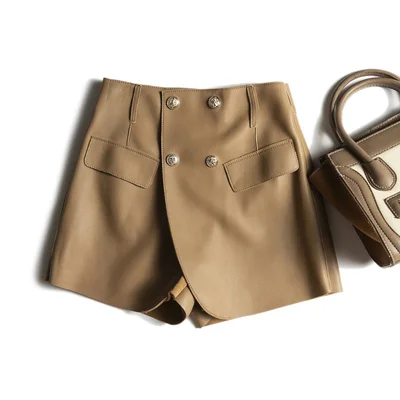 2023 Lady Genuine Leather Skorts Women Chic Korean Style Culottes Skirt Femme Buttons Hip Sexy Streetwear Shorts With Pocket
