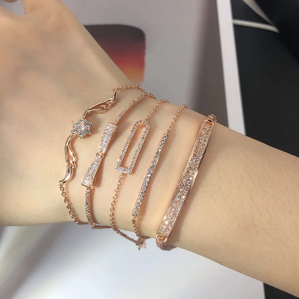 

Fashion Bracelets Minimalist Bling Micro-set Rose Gold Silver Color Chain On The Hand Jewelry For Women