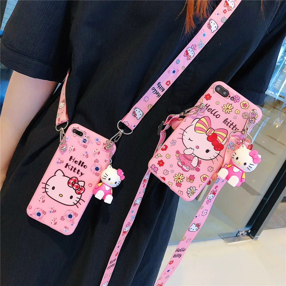 Hello Kitty For iPhone 6 6s 7 8 X Xs Max XR 11 12 13 14 Pro SE Max Phone Case With Holder Rope