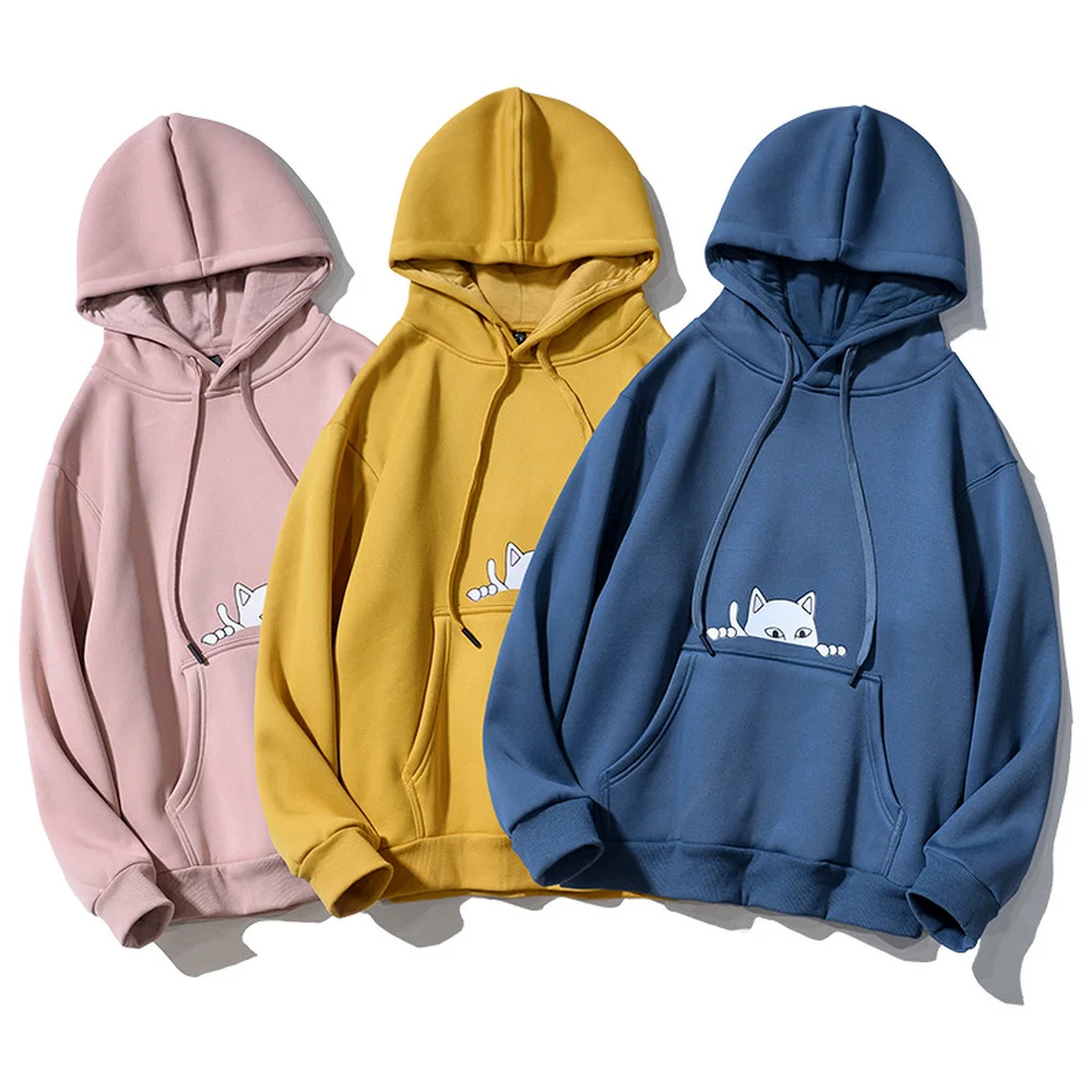 Covrlge Spring Autumn Fresh Bad Cat Printing Sweatshirt Men's Casual Fleece Couples Hooded Coat Male Hoodies Streetwear MWW366