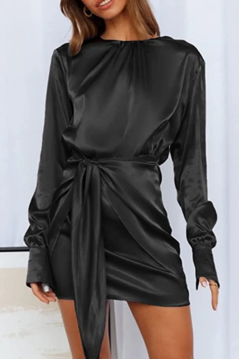 Vintage Women's Banquet Party Dresses Round Neck Elastic Tie Waist Long Sleeve Solid Skirt Elegant Prom Dress for Women Vestidos