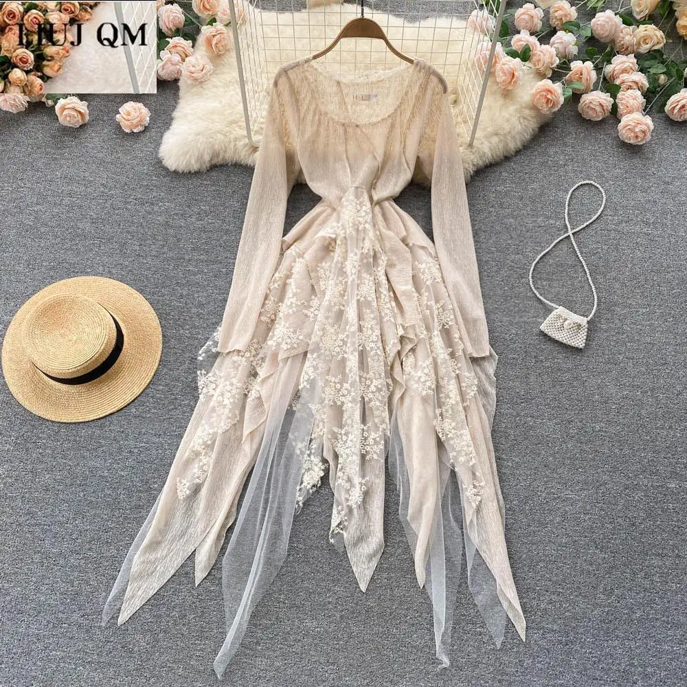 

Women Long Sleeved Irregular Dress Spring Autumn High Waist Solid Color Big Swing Beach Boho Long Dress Elegant Chic Party Dress