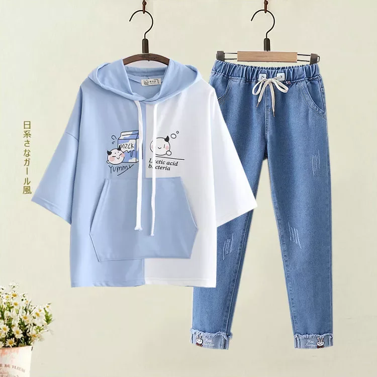 

Новинка 2021, летний спортивный костюм для девочек с коротким рукавом для студентов средней школы, свободная кавайная Толстовка в стиле Харад...