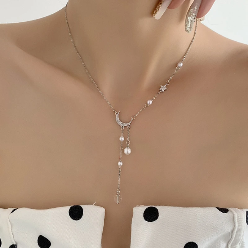 

VSnow Exquisite Asymmetry Moon Stat Imitation Pearl Pendant Necklace for Women Trendy Rhinestone Tassel Chain Necklace Jewelry