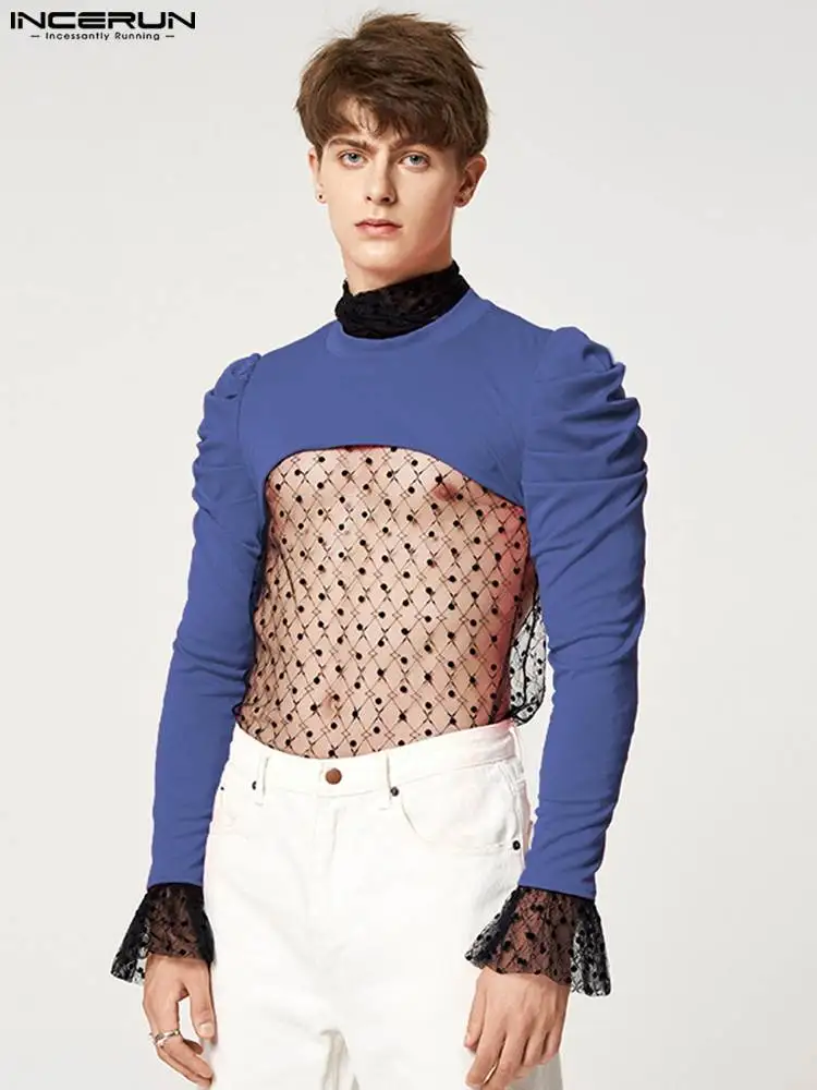 

Casual Tops INCERUN 2022 Party Hot Sale Men's Short-sleeved Short Arc Swing Camiseta Solid Mesh Long-sleeved Thin T-Shirts S-5XL