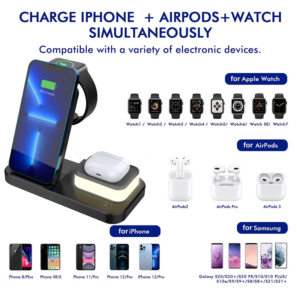4 in 1 qi wireless charger 15w fast charging for iphone 13 12 11 pro 8 x xr xs apple watch 7 airpods 3 iwatch stand holder base free global shipping