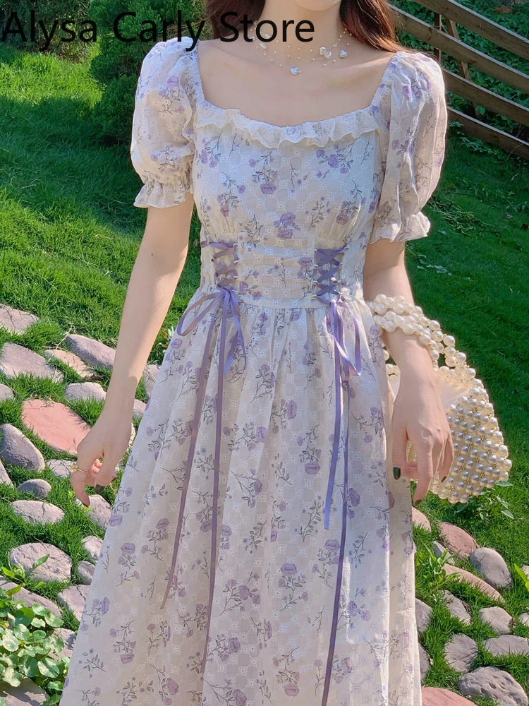 

Elegant Vintage Floral Dress Women 2022 Summer Belt Designer Fairy Princess Midi Dress Female Casual Beach Korean Party Dresses