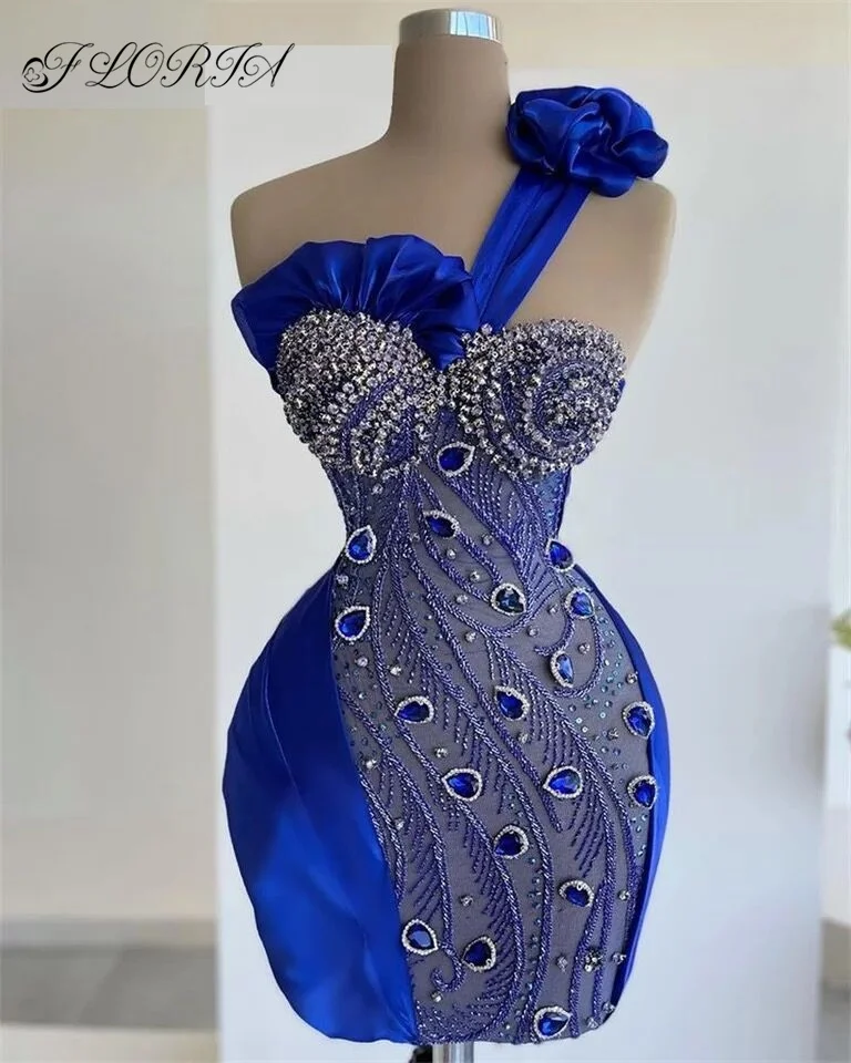

Sexy Royal Blue Short Cocktail Dress 2022 Luxury Beaded Rhinestone Sleeveless Birthday Party Gown Mini Prom Dress Robe De Bal
