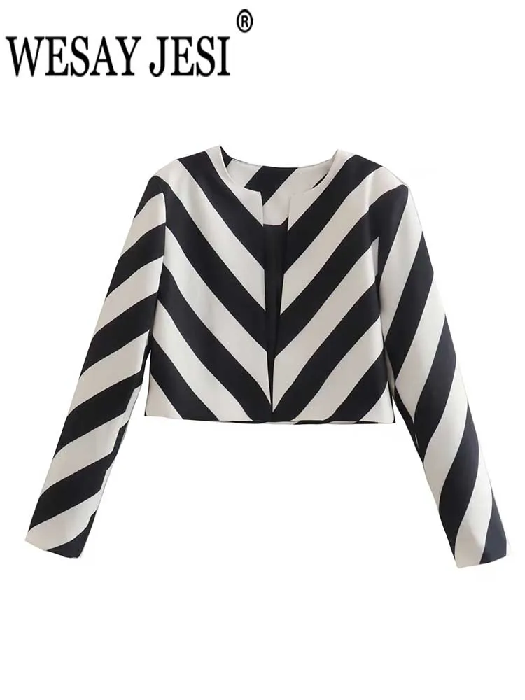 

WESAY JESI Diagonal Stripe Casual Sexy Short Fit Women's Jacket Long Sleeves Round Neck Retro Fashion Trend Lady Top Summer New
