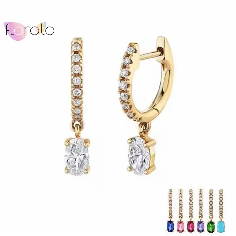 

925 Sterling Silver Needle Multi-Color Ovals Pendant Hoop Earrings for Women Rock Punk Delicate Pave Crystal Earrings Jewelry