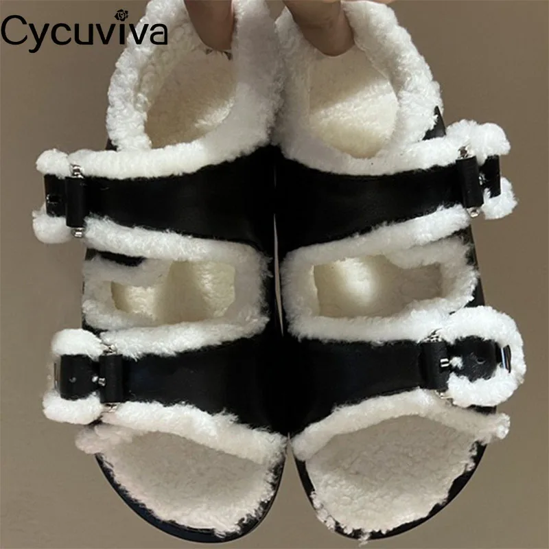 

2022 Designer Girl's Brand Wool Sandals Women Flat Platform Beach Furry Shoes High Quality Wool Women Sandalias Mujer Autumn