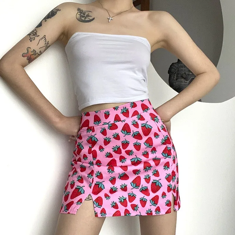 

Sweet Girl Strawberry Skirt Summer Streetwear Cute Pink Mini Skirt Lady High Waist A Line Short Skirt