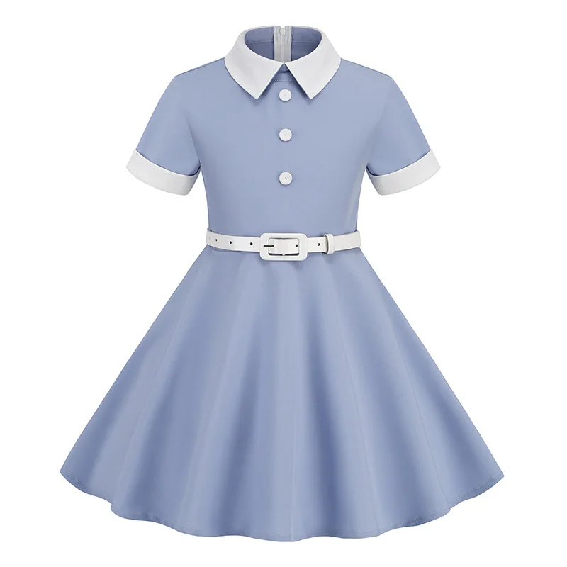 

2023 Vintage Dress for Baby Girl Kids Summer Patchwork Dresses with Belt Children Casual Frocks Teenage Girls Elegant Vestidos