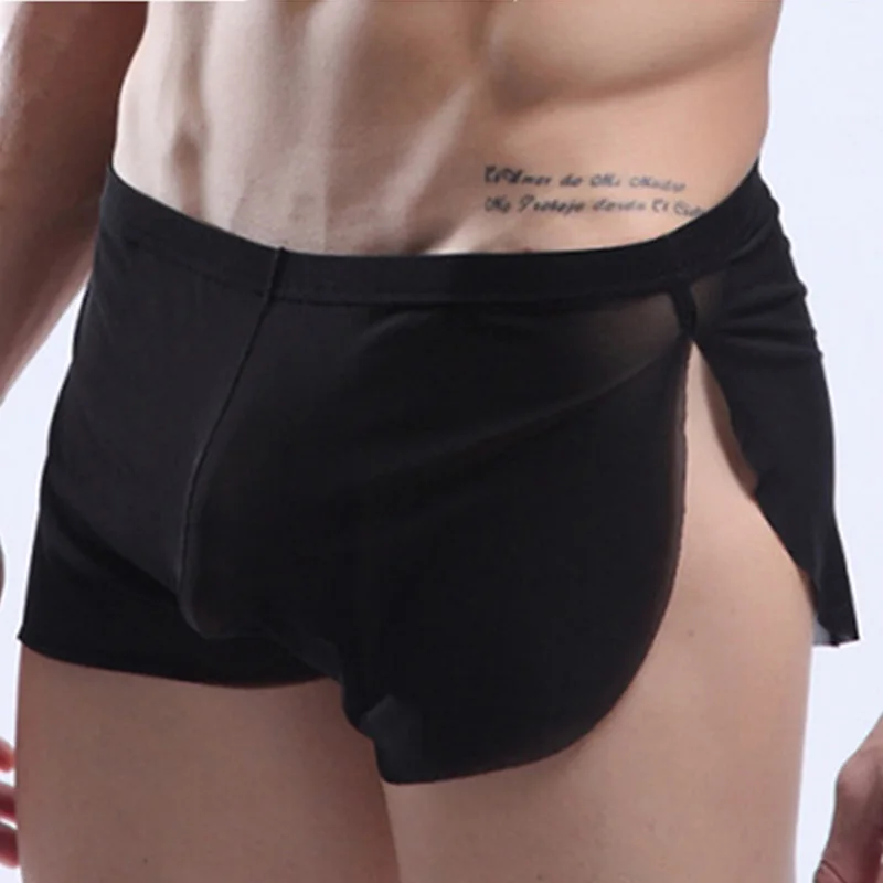 

2022 Men's Boxer Shorts Sexy Lingerie Bugle Short See-Through Mesh Boxer Briefs Split Thongs Pants Шорты Мужские