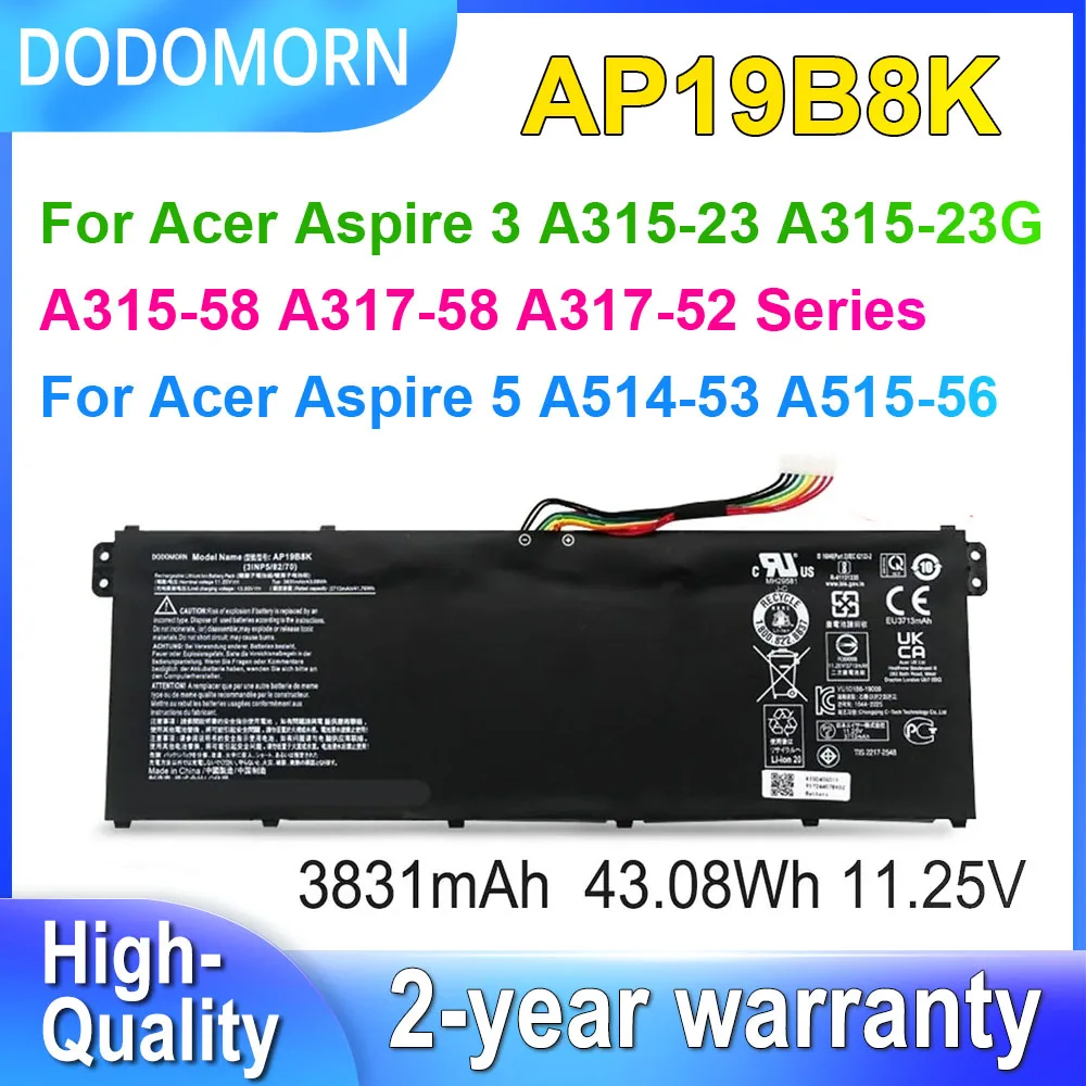 DODOMORN AP19B8K Аккумулятор для ноутбука Acer Aspire 3 A315-23 A315-23G A315-58 A317-58 A317-52/aspire 5 A514-53 A515-56 43.08