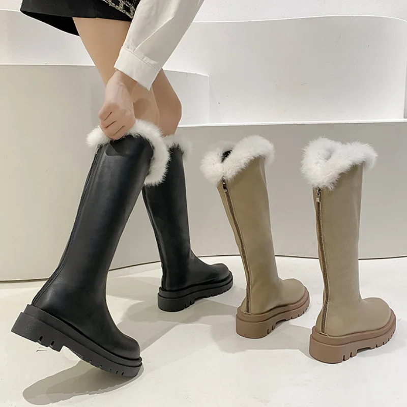 2023 New Winter Knee High Boots Women's Solid Color Platform PU Leather Shoes Ladies Zipper Plush Mouth Casual Boots