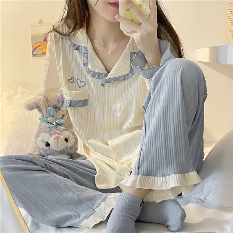 Sexy Bow Princess Sweet Pajamas Set Full-Sleeve Long Pants 2Piece/Set Pyjama  Homewear Cozy Plus Big Size Sleepwear