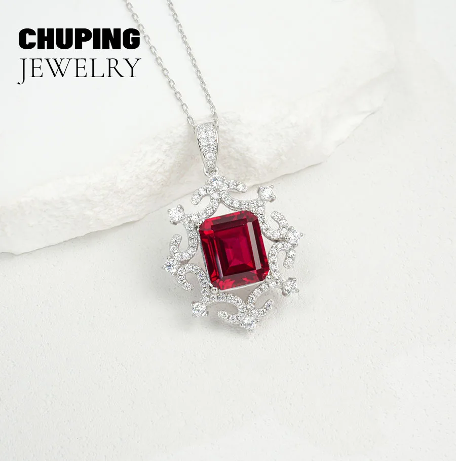 Фото Chu Ping Fine Jewelry Lab Рубин Розовый Сапфир Изумруд Восьмиугольная огранка 8*10 мм S925 Серебряный кулон Ожерелье Выделите Элегантность №2