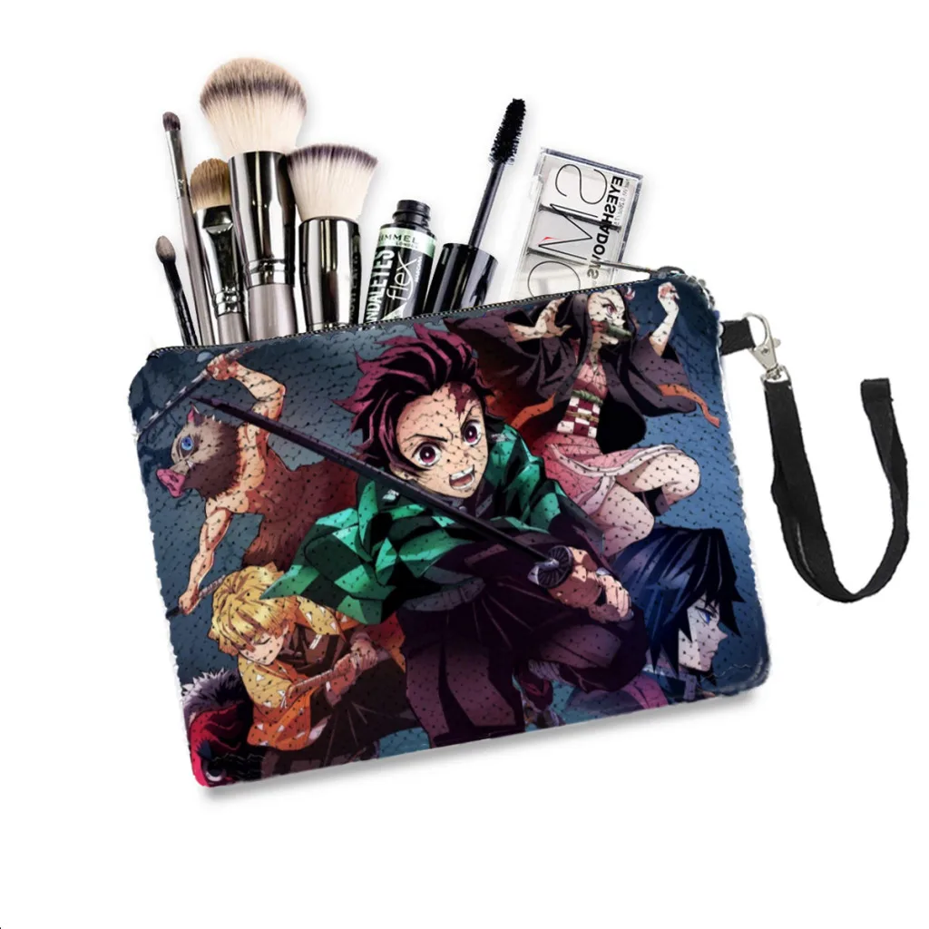 

Team Sequins Makeup Bag Demon Slayer Anime Women Girl Glitter Portable Cosmetic Bag Zipper Organizer Pouchs Travel Storage