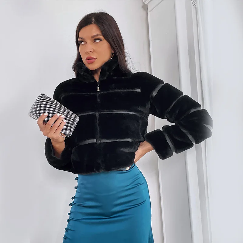 Women's Fur Jacket Imitation Fox Fur Stitching Coat Faux Fur Coat Mid-Length Faux Fur Coat