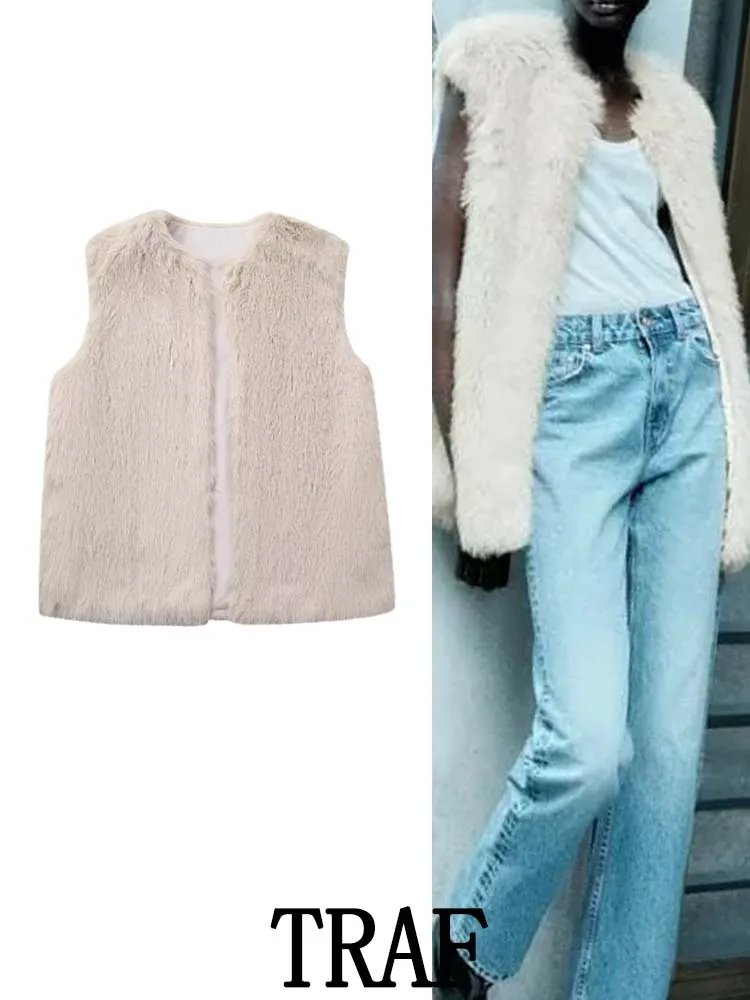 

Женский винтажный кардиган с искусственным мехом, без рукавов