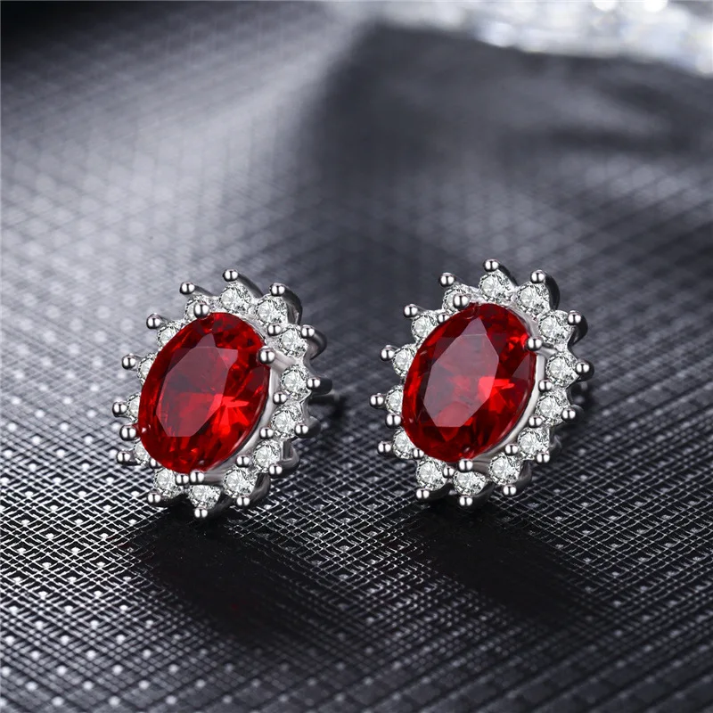 

Princess Diana Natural Red Ruby White Gold/ Rose Gold Color Stud Earrings for Women Halo Crown Gemstone Wedding Jewelry Gift