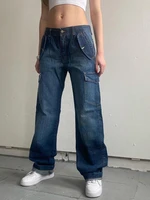 weiyao streetwear baggy mom jeans woman korean fashion pockets stitch straight denim cargo pants casual low waist bottoms