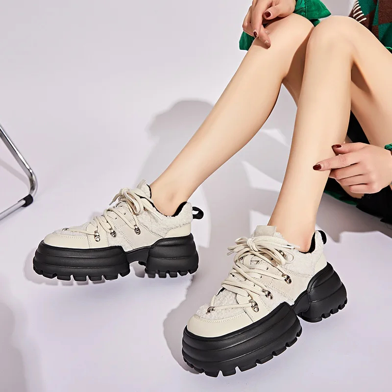 DRKANOL Fashion Winter Warm Shoes Women Casual Sneakers Thick Bottom Platform Height Increasing Trend Versatile Sneakers Female