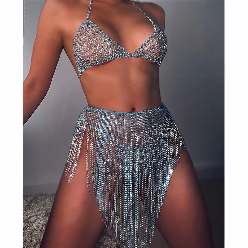 

Sexy Blue Crystal Tassel Body Chain Panties Bra Set for Women Bling Nightclub Adjustable Body Chains Bras Clothing Jewelry