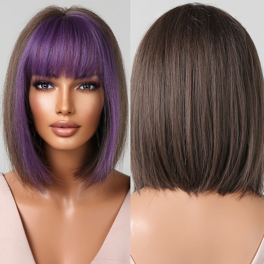 

Коричневые синтетические парики с фиолетовой челкой, короткие прямые парики, косплей боб, парик для чернокожих женщин, повседневные термос...