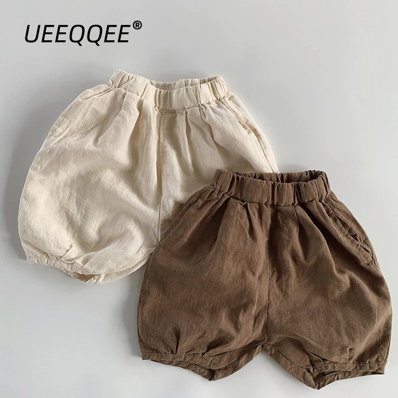 

Cotton Linen 2023 Summer School Children Shorts Pants Lantern Casual Little Boys Girls Short Trousers Toddler Kids Wear For 1-8Y