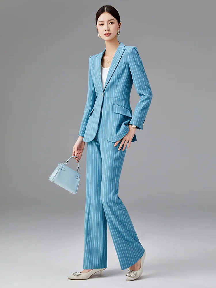Women Suit 2024 Autumn New Western Sle Fashion Blue Stripe Set Design Fried Street Commuting |
