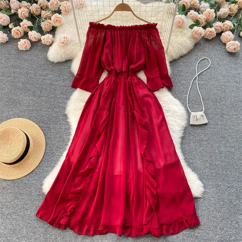 

National Style Red Dress Women's 2022 Spring Summer Loose Slash Neck Dress Ruffles Long Fashion Boho Beach Clothes Vestidos H351