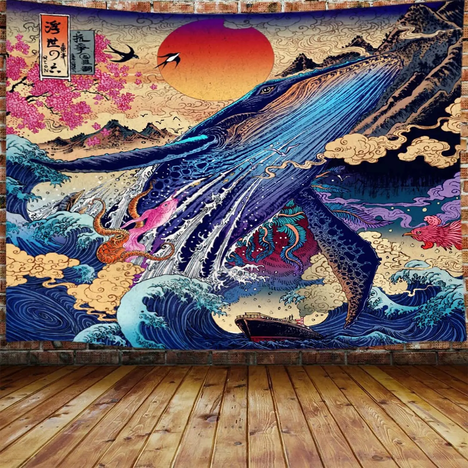 

Japanese Whale Tapestry Sun Wave Trippy Animal Wall Hanging Ukiyo-e Ocean Hippie Tapestries for Bedroom Dorm Wall Blanket Cloth