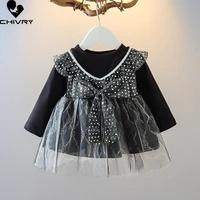 spring autumn 2022 kids baby girls dot bowknot long sleeve a line dress cute fake two pieces lace patchwork princess dresses