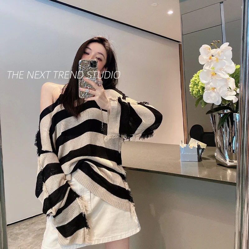 

Unique Tassel Design Knitted Pullovers Women Korean Fahsion Striped Long Sleeve Jumpers Female Casual Loose Sweaters New