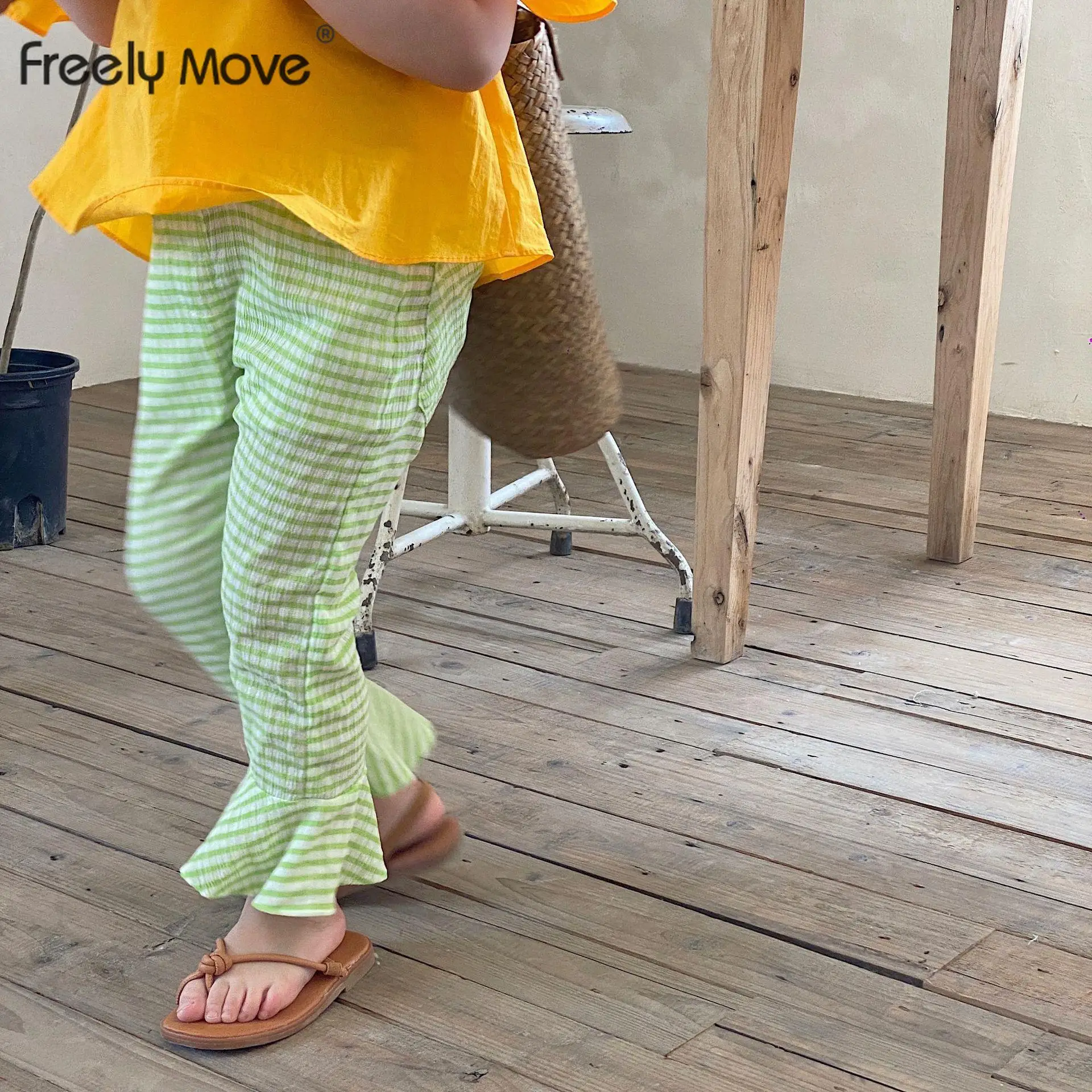 

Freely Move Baby Girl Clothes 2022 Summer New Girls' Slim Fit Pants Korean Mid Elastic Cotton Flared Pants Kids Trousers Outfit