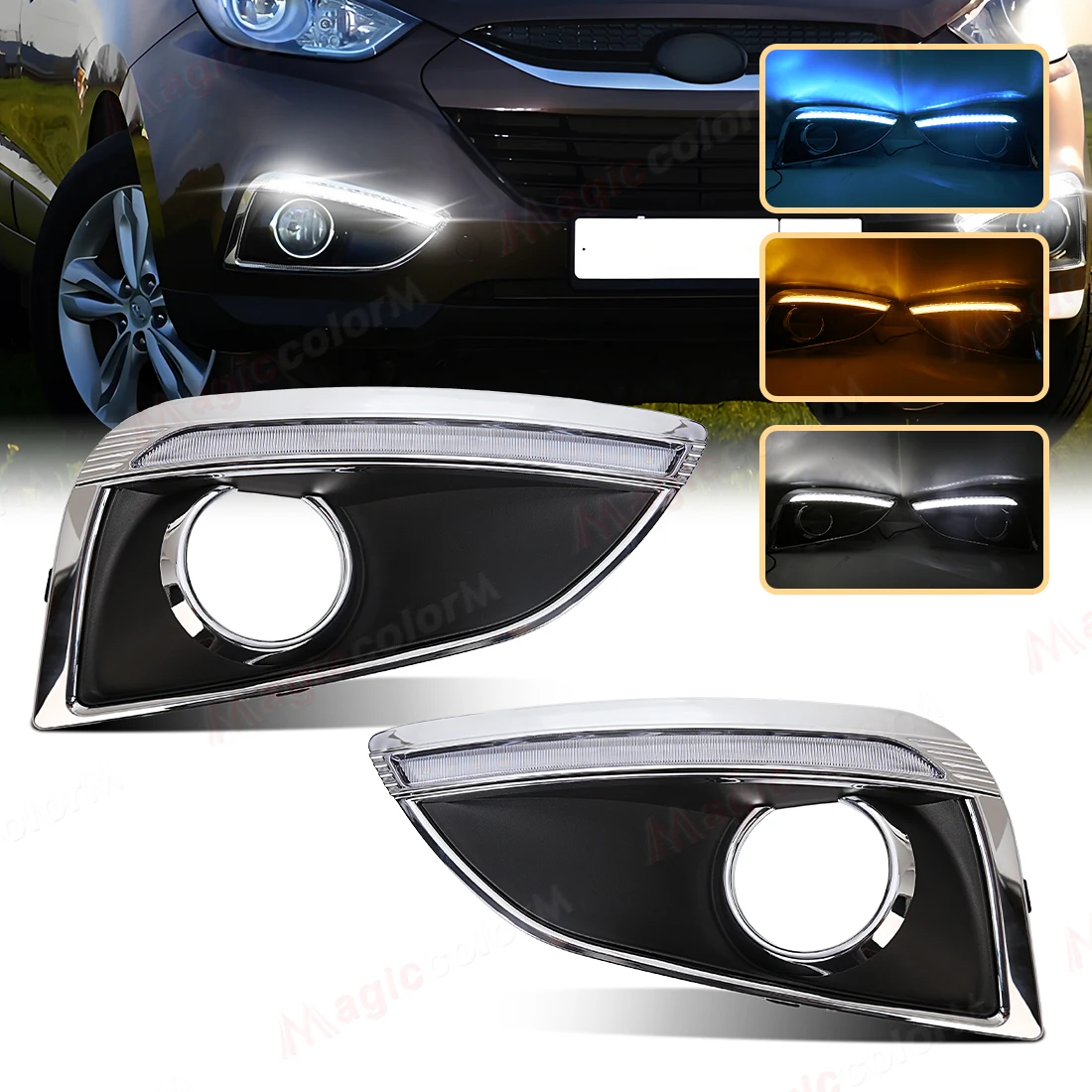 Фото Автомобильные светодиодные DRL дневные ходовые огни для Hyundai IX35 2010 2011 2012 2013, передние противотуманные фары, динамические указатели поворота №1