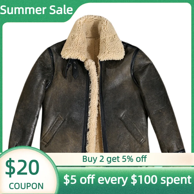 

2022 Dark Brown Genuine Shearling Coat Military Style Plus Size 5XL Real Natural Sheepskin Winter Thick Warm B3 Bomber Jacket