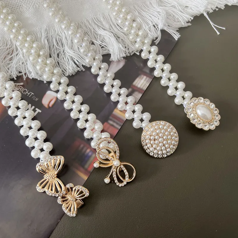 

Women's Pearl Rhinestone Elastic Belt Thin Waist Chain Female Decoration Belts for Women Luxury Designer Brand