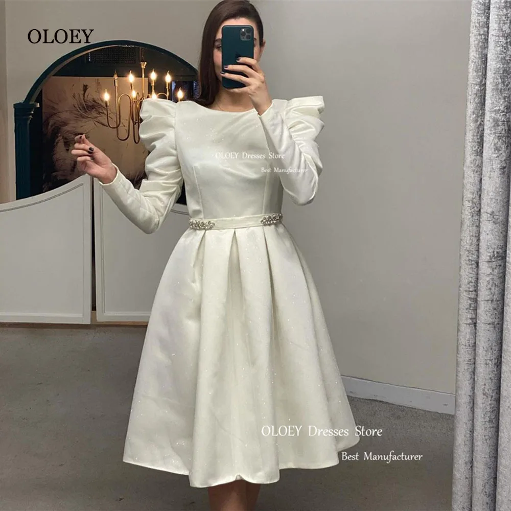 

OLOEY Shiny Ivory Arabic Women Short Evening Party Dresses Long Sleeves Jewel Neck Vintage Formal Prom Gowns Cocktail Dress