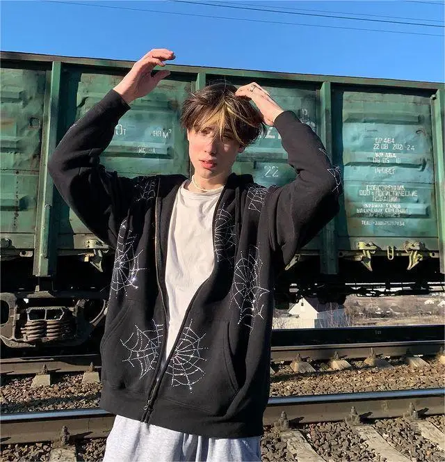 

Женская и мужская куртка на молнии, свободная толстовка с рисунком в виде паутины, с длинным рукавом, в готическом стиле, на Хэллоуин, осень-весна