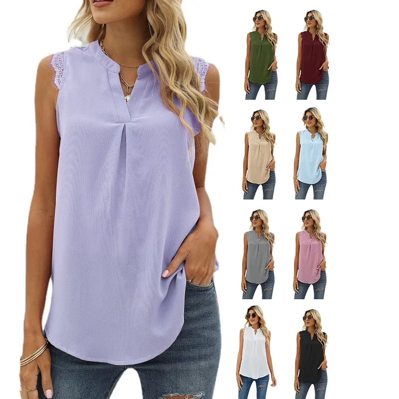 2022 spring and summer new solid color shirt loose V-neck sleeveless lace top blusas mujer de moda